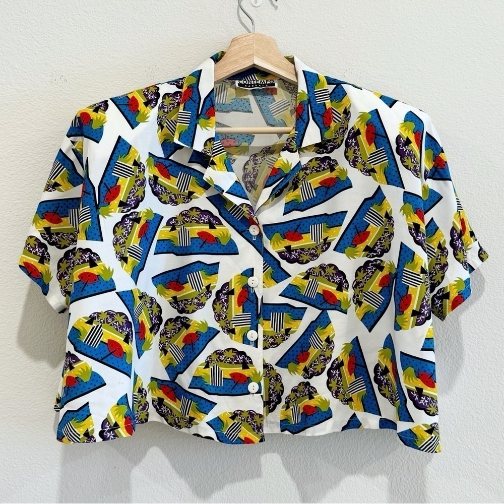 Contempo Casuals Vintage Button Up Short Sleeve Crop Top Size M